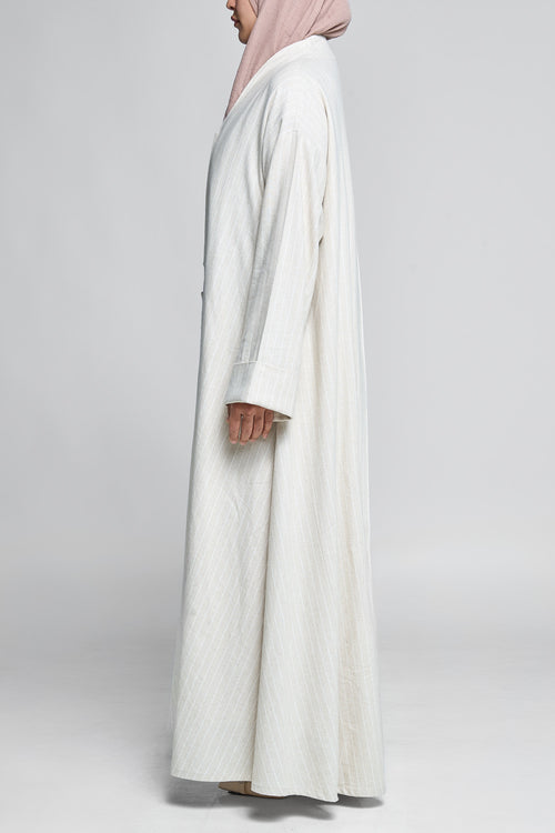 Ivory Pinstripe Minimalist Open Abaya - Linen Blend – hover image