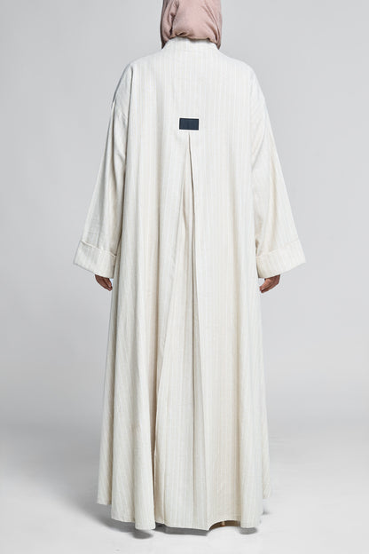 عباية مفتوحة باللون العاجي مقلمة - مزيج من الكتان