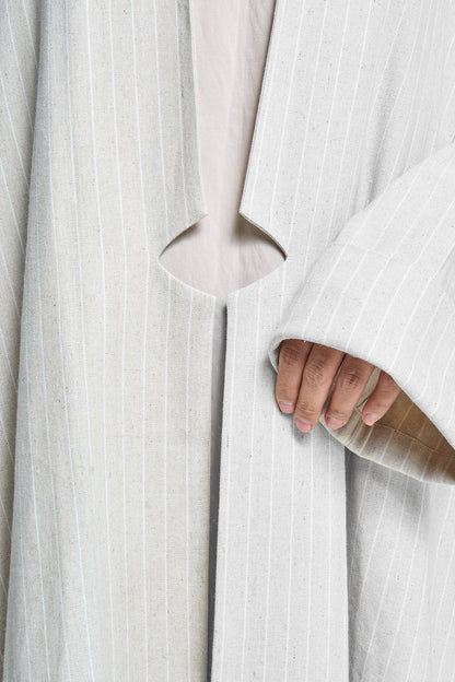 عباية مفتوحة باللون العاجي مقلمة - مزيج من الكتان