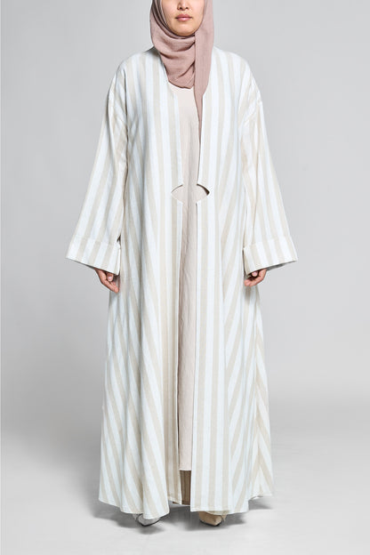 عباية مفتوحة باللون العاجي ذات شريط عمودي – مزيج من الكتان