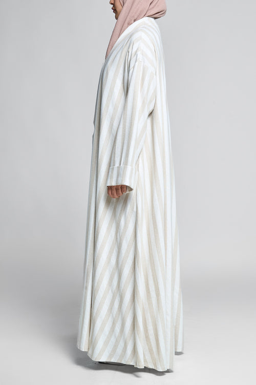Sand Ivory Vertical Stripe Open Abaya – Linen Blend – hover image