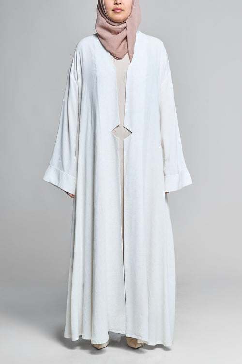 Premium White Linen Modest Abaya with Tailored Sleeves and Open Front