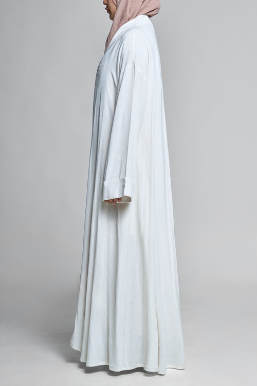 Premium White Linen Modest Abaya with Tailored Sleeves and Open Front – hover image
