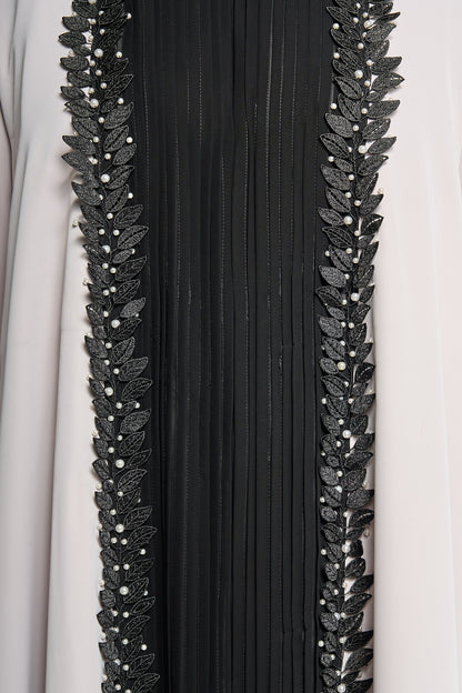 Elegant Bisht-Cut Ababishtth Embellished Leaf Trim – Black & Pearl Beige Contrast