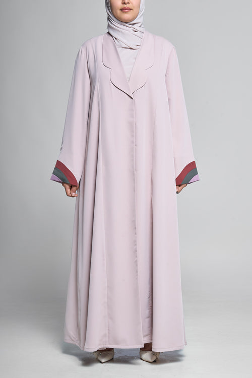 Soft Rose Open Abaya with Wavy Lapel and Tri-Tone Cuff Accents