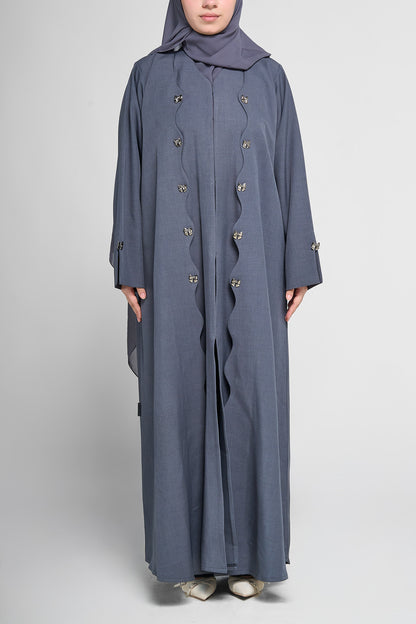 Midnight Slate Wave-Trim Open Abaya With Button Design