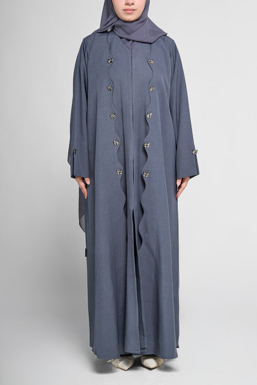Midnight Slate Wave-Trim Open Abaya With Button Design