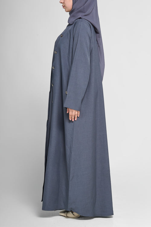 Midnight Slate Wave-Trim Open Abaya With Button Design – hover image