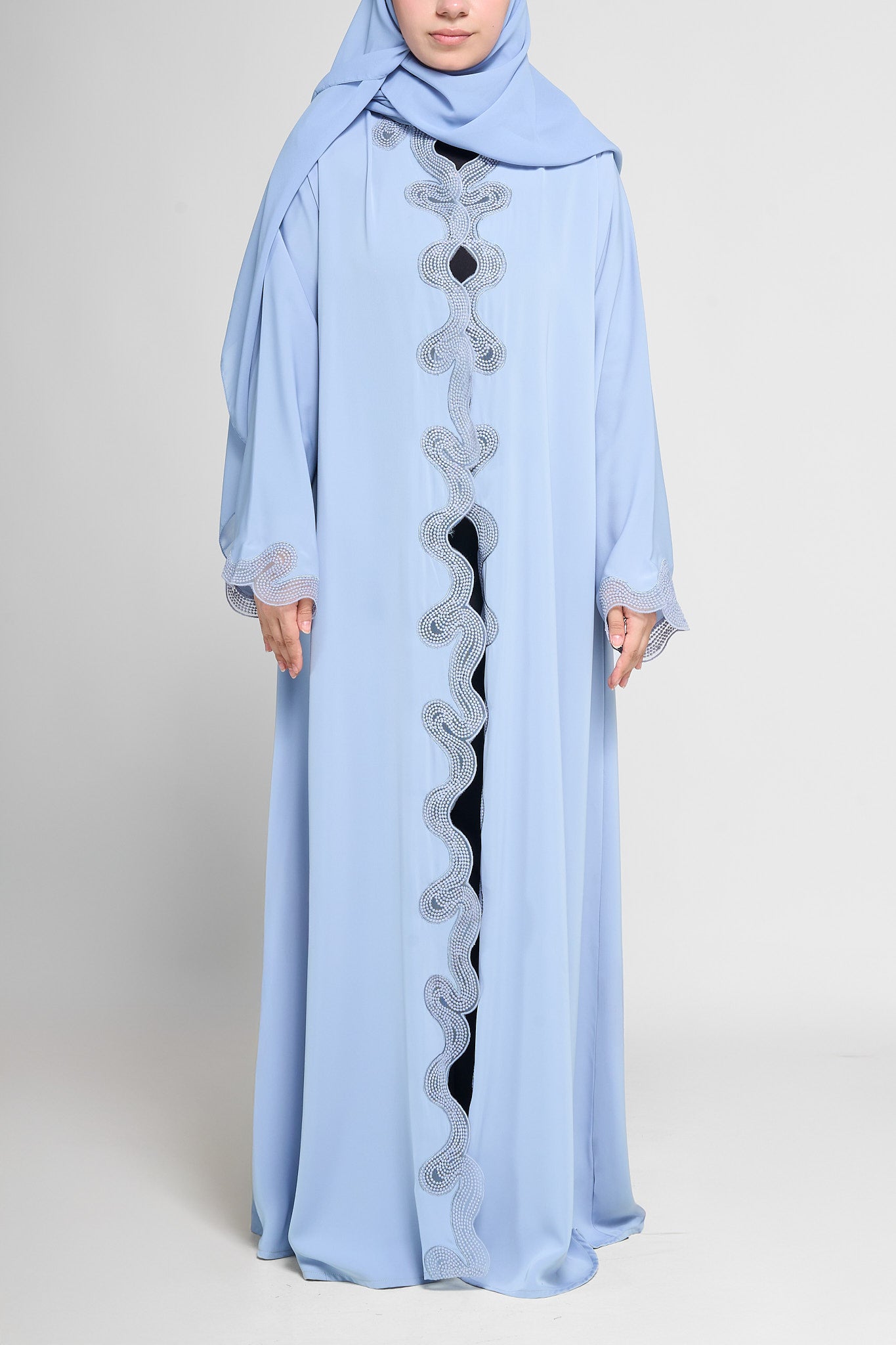 Sky Pearl Embellished Wave-Trim Open Abaya With Embroidery Design