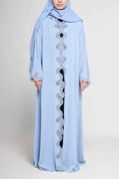 Sky Pearl Embellished Wave-Trim Open Abaya With Embroidery Design