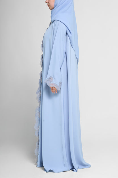 Sky Pearl Embellished Wave-Trim Open Abaya With Embroidery Design