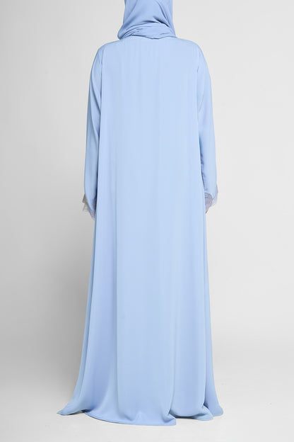 Sky Pearl Embellished Wave-Trim Open Abaya With Embroidery Design