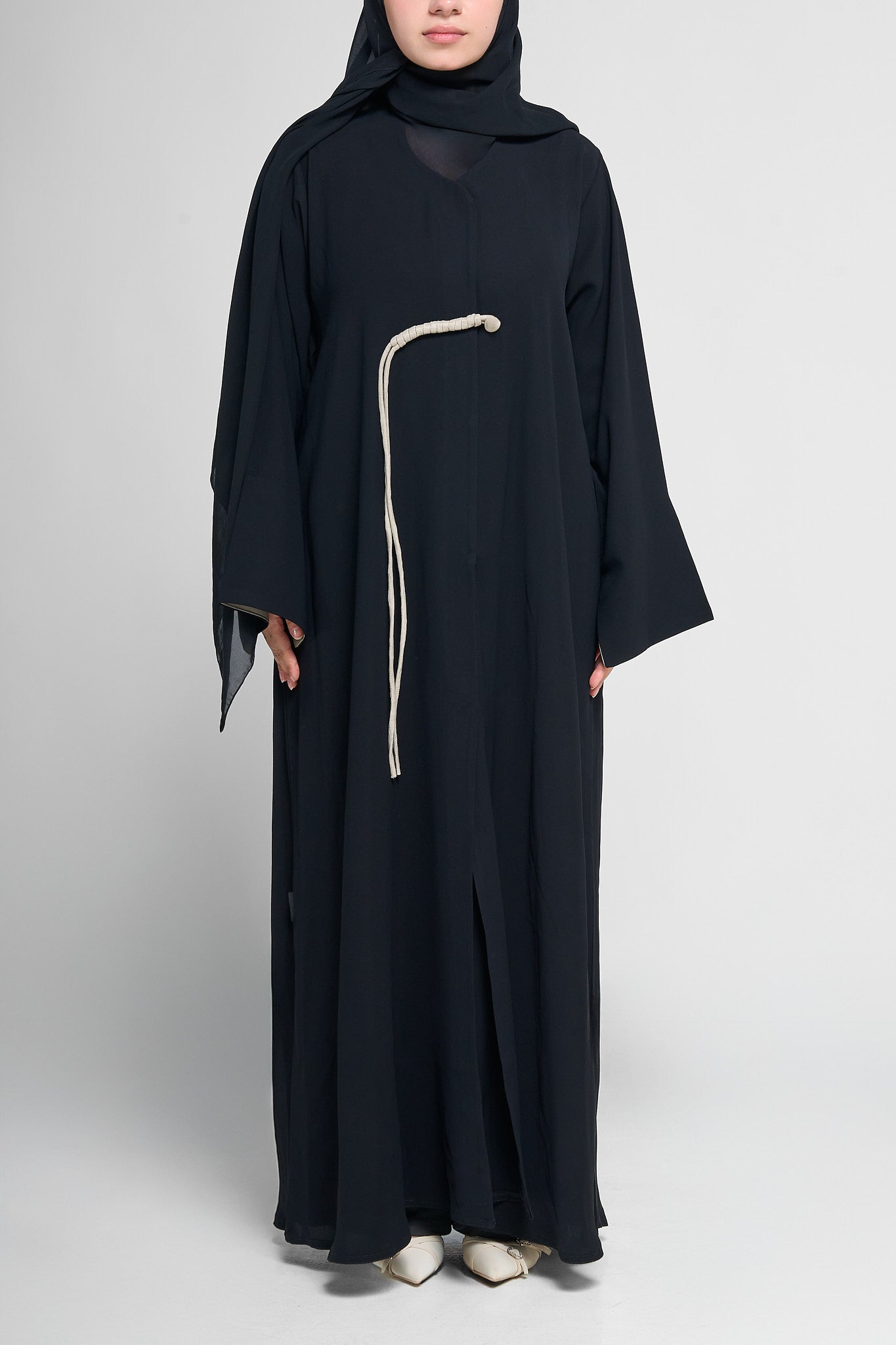 Classic Black Draped Abaya with Cream Rope Accent