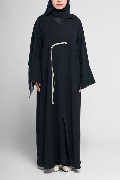 Classic Black Draped Abaya with Cream Rope Accent