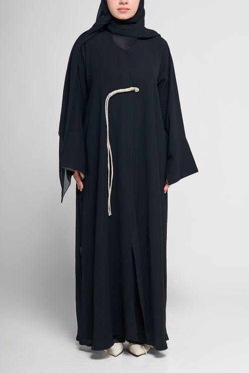 Classic Black Draped Abaya with Cream Rope Accent
