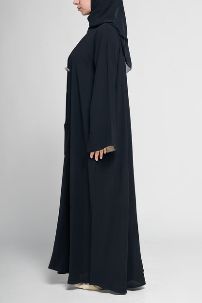 Classic Black Draped Abaya with Cream Rope Accent