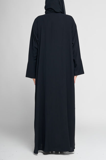 Classic Black Draped Abaya with Cream Rope Accent