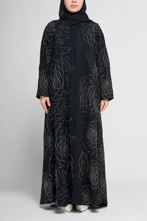 Black Abstract Rose Embroidered Full-Length Abaya