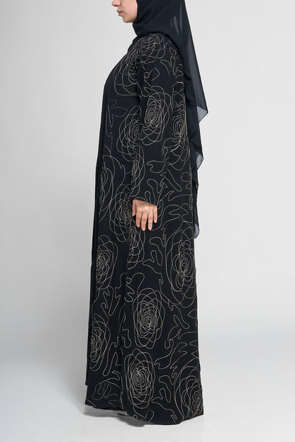 Black Abstract Rose Embroidered Full-Length Abaya