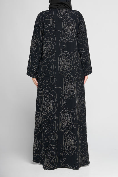 Black Abstract Rose Embroidered Full-Length Abaya