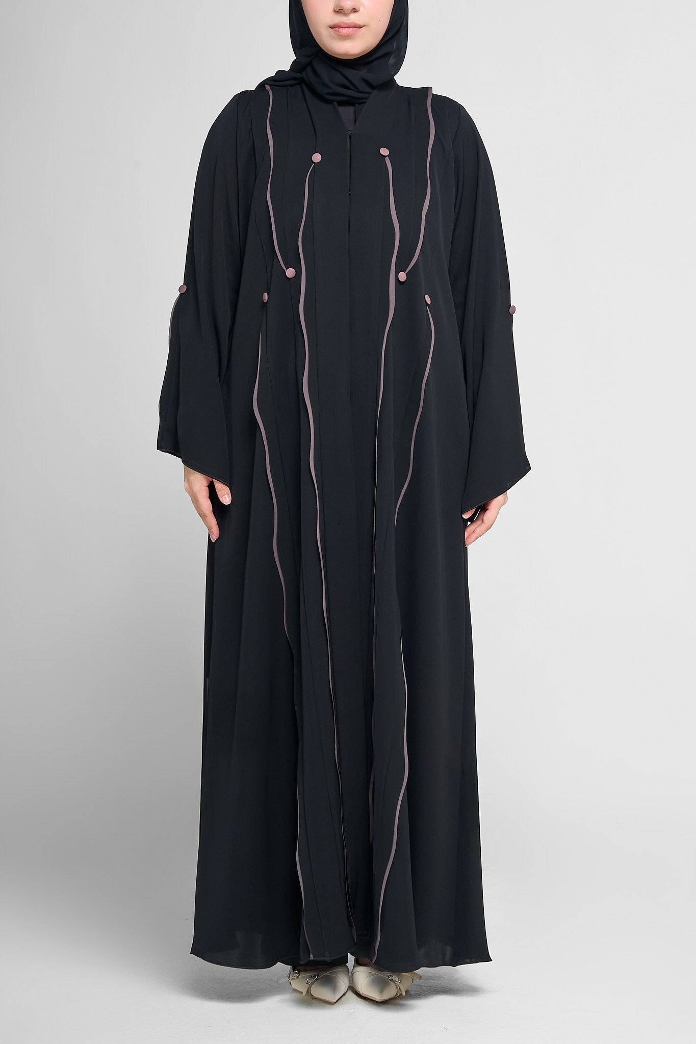 Black Flow-Line Abaya with Contrast Piping and Button Accents