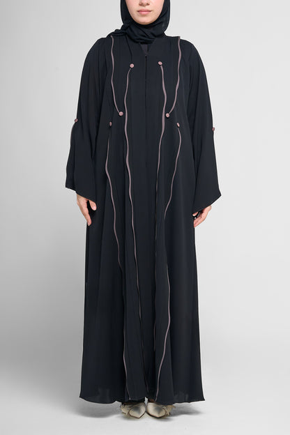 Black Flow-Line Abaya with Contrast Piping and Button Accents