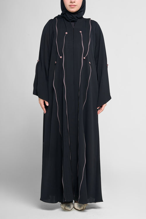 Black Flow-Line Abaya with Contrast Piping and Button Accents