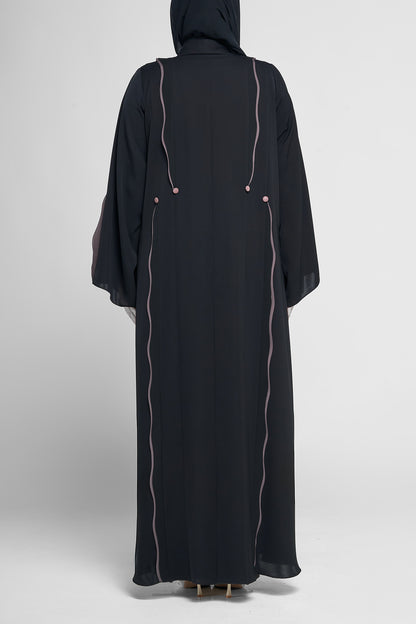 Black Flow-Line Abaya with Contrast Piping and Button Accents