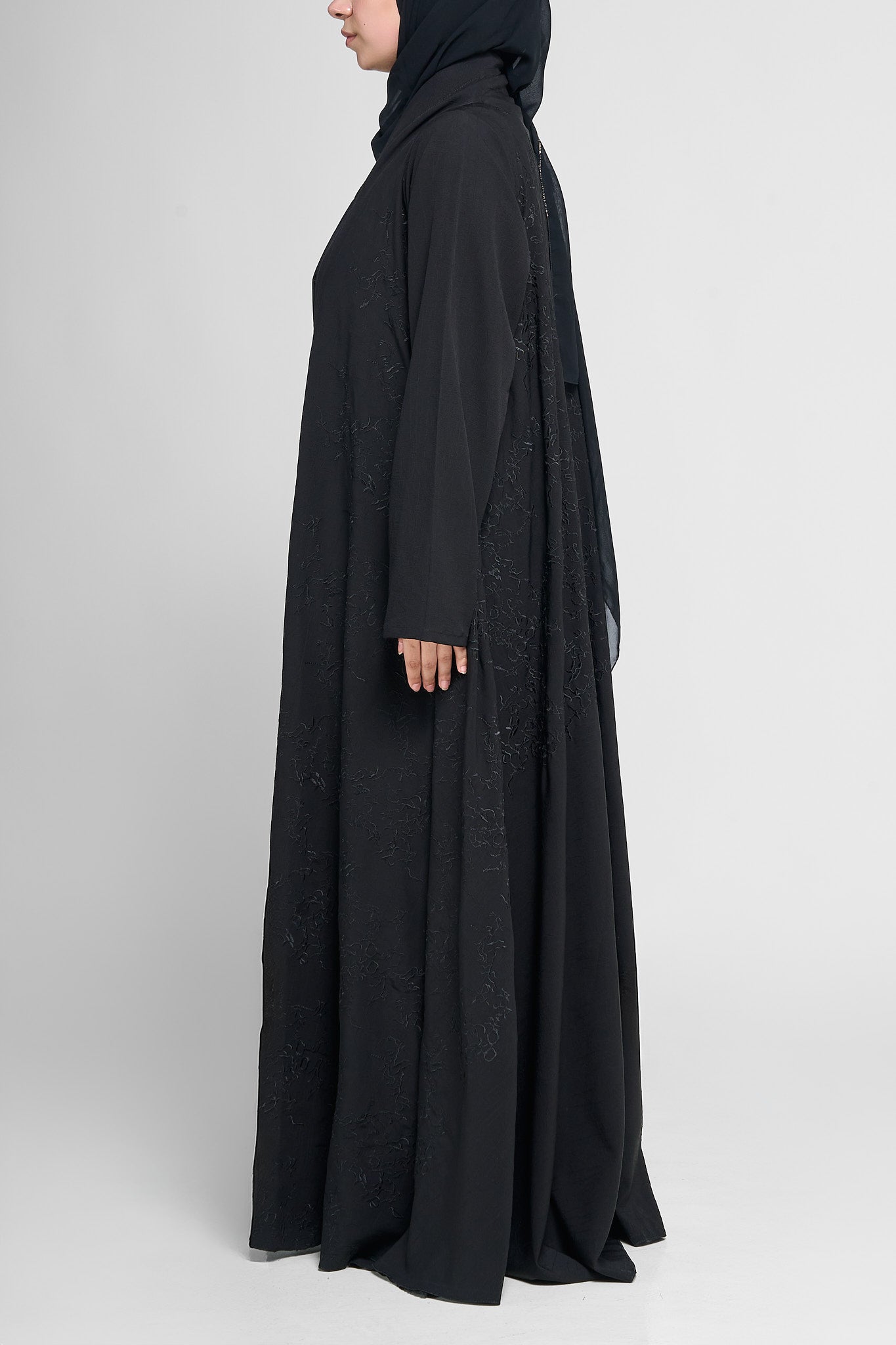 Black Textured Tone-on-Tone Embroidered Full-Length Abaya