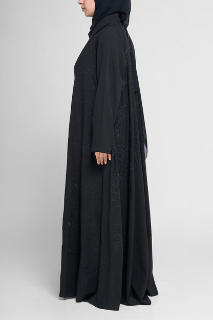 Black Textured Tone-on-Tone Embroidered Full-Length Abaya