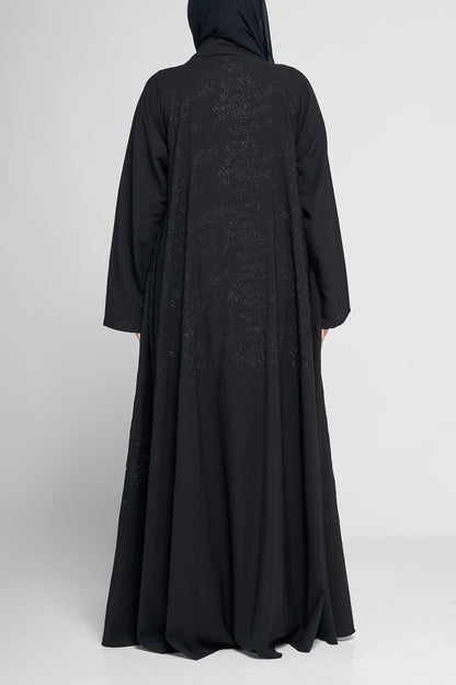 Black Textured Tone-on-Tone Embroidered Full-Length Abaya