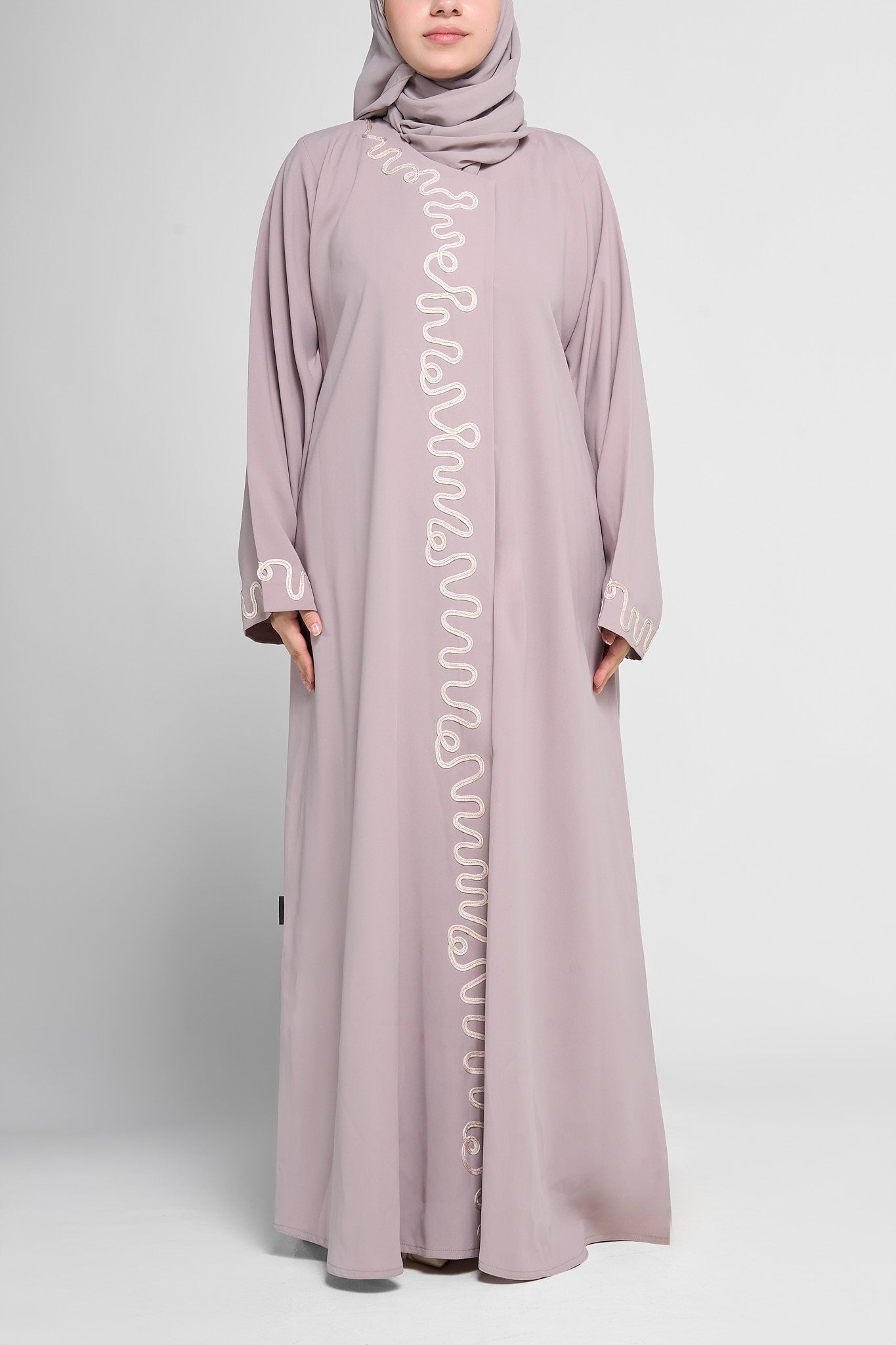Embroidered Wave-Trim Front-Open Abaya with Sleeve Detailing