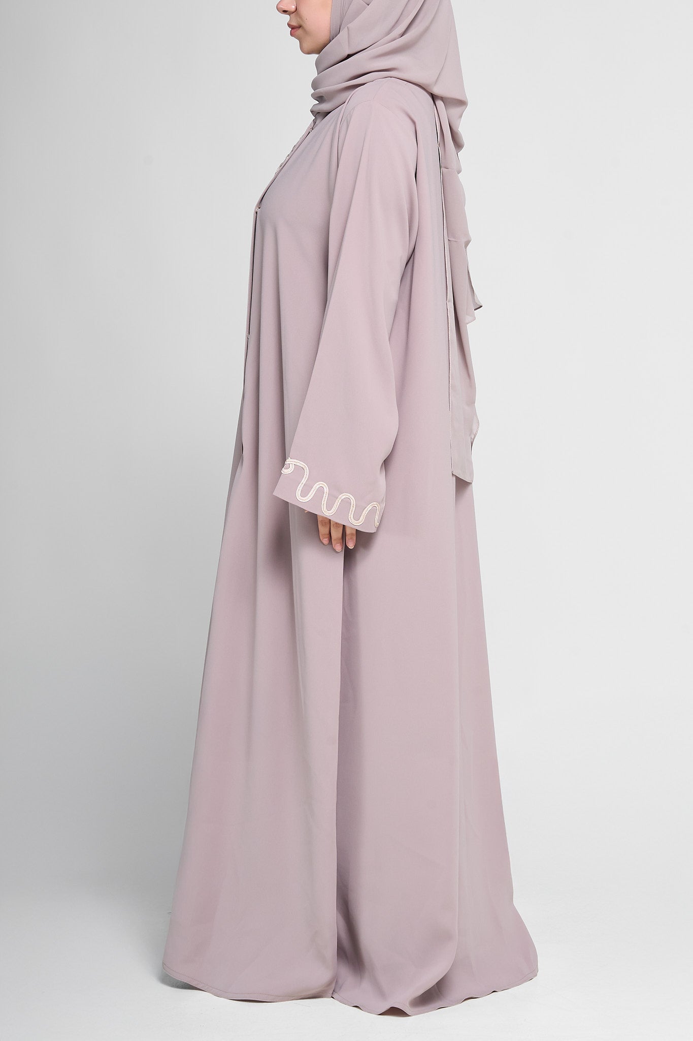 Embroidered Wave-Trim Front-Open Abaya with Sleeve Detailing