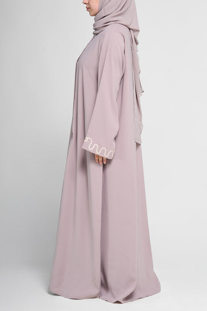 Embroidered Wave-Trim Front-Open Abaya with Sleeve Detailing