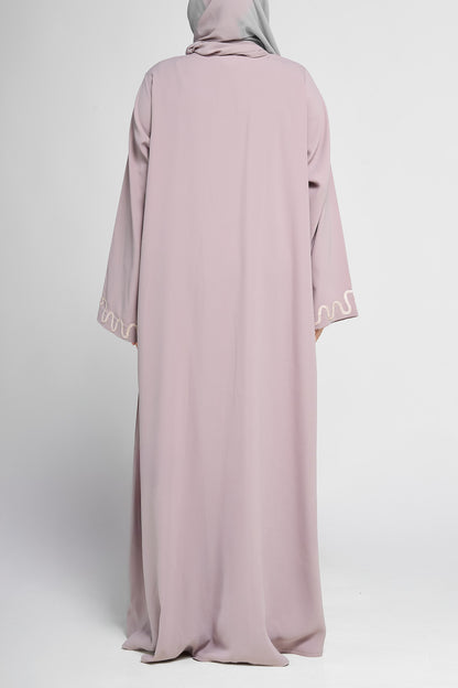 Embroidered Wave-Trim Front-Open Abaya with Sleeve Detailing