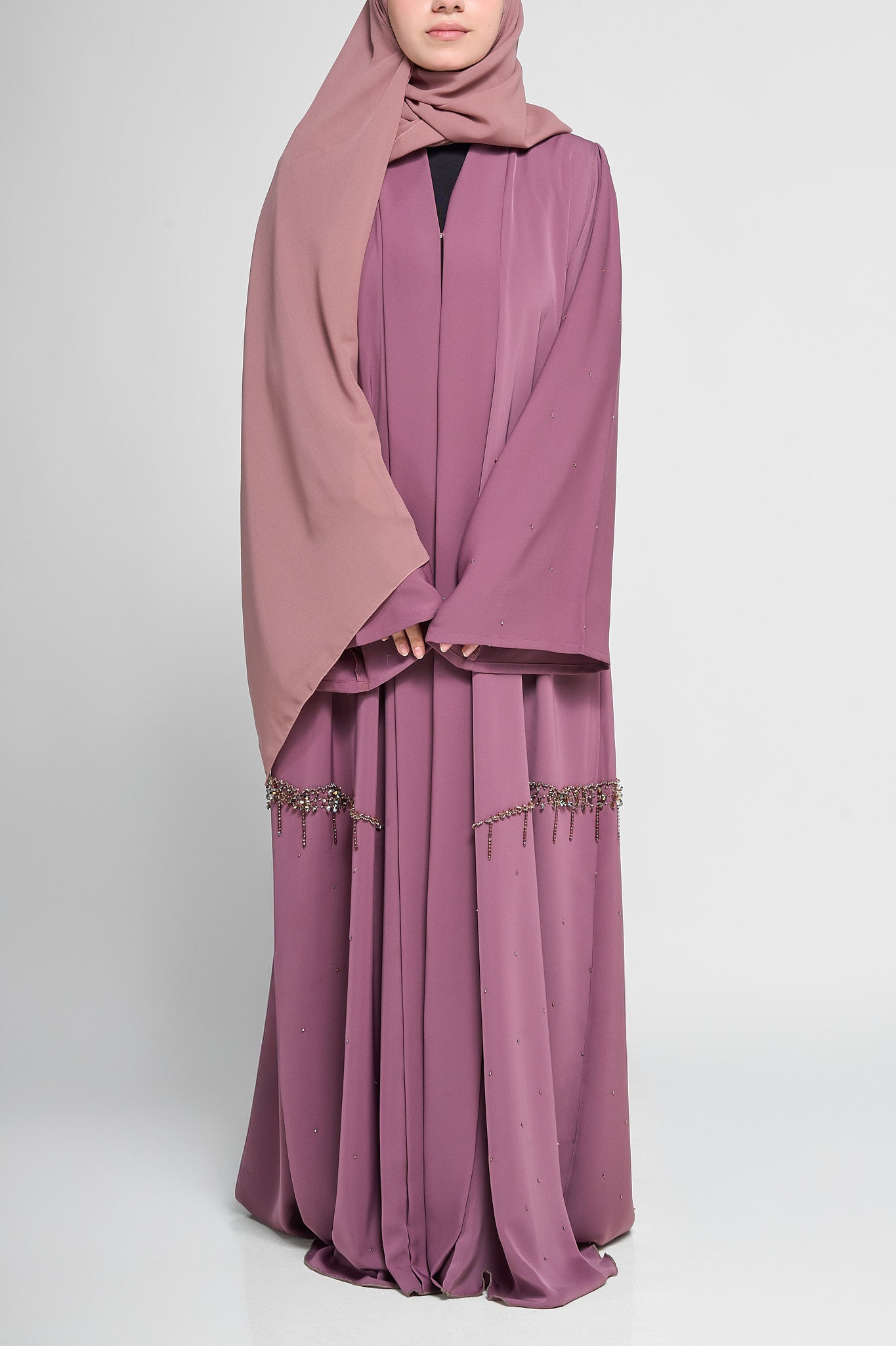 Embellished Draped Abaya with Beaded Fringe Waist Accents