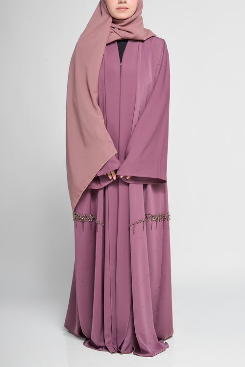 Embellished Draped Abaya with Beaded Fringe Waist Accents
