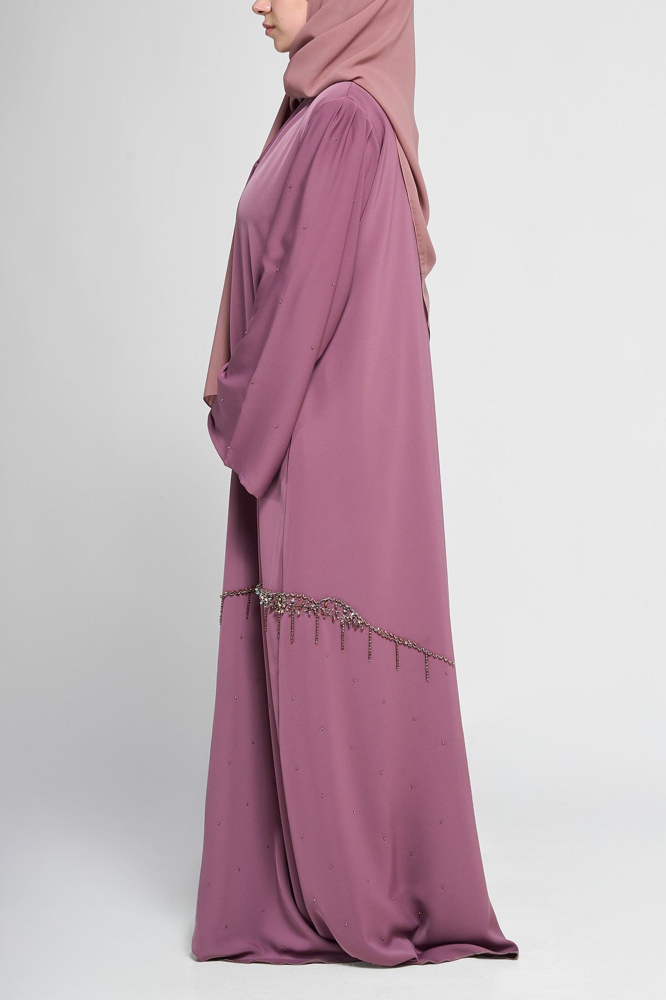 Embellished Draped Abaya with Beaded Fringe Waist Accents