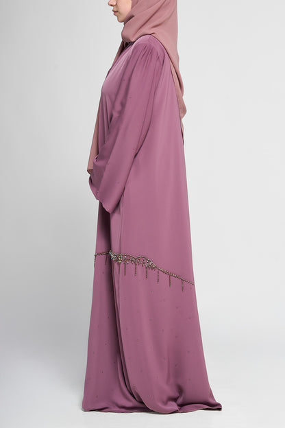 Embellished Draped Abaya with Beaded Fringe Waist Accents