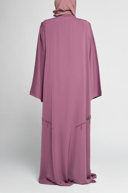 Embellished Draped Abaya with Beaded Fringe Waist Accents