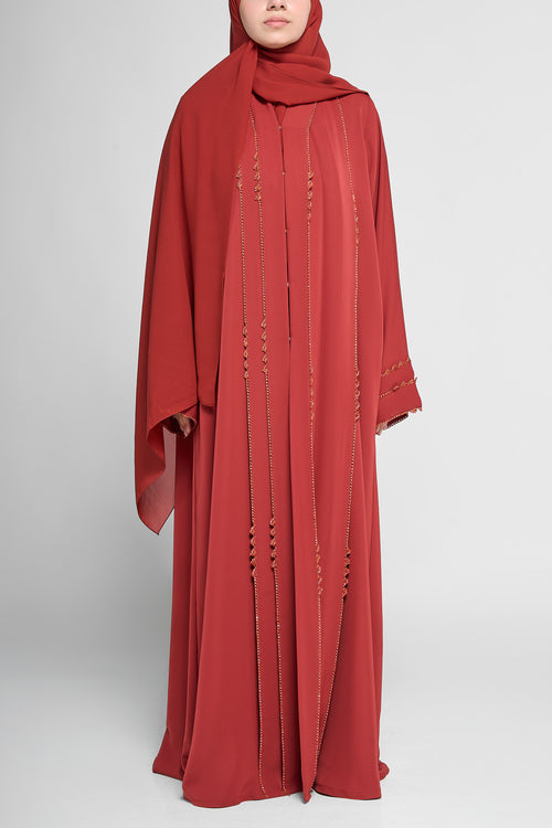 Front-Draped Abaya with Vertical Beaded Embellishment Strands