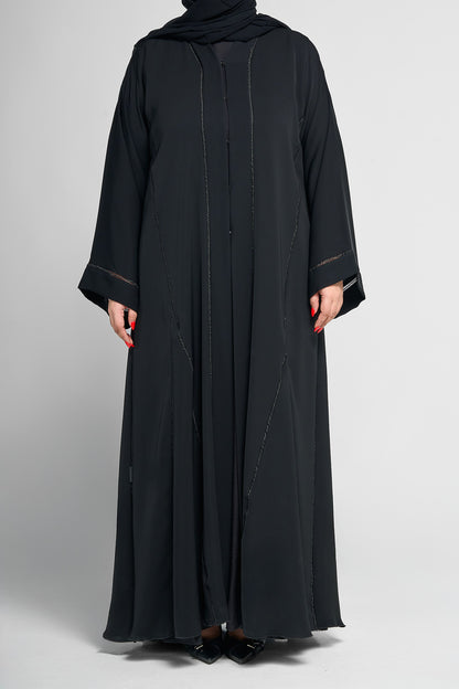 Black Panel-Detail Abaya with Subtle Linear Embellished Stitching