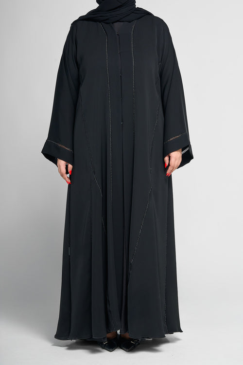 Black Panel-Detail Abaya with Subtle Linear Embellished Stitching