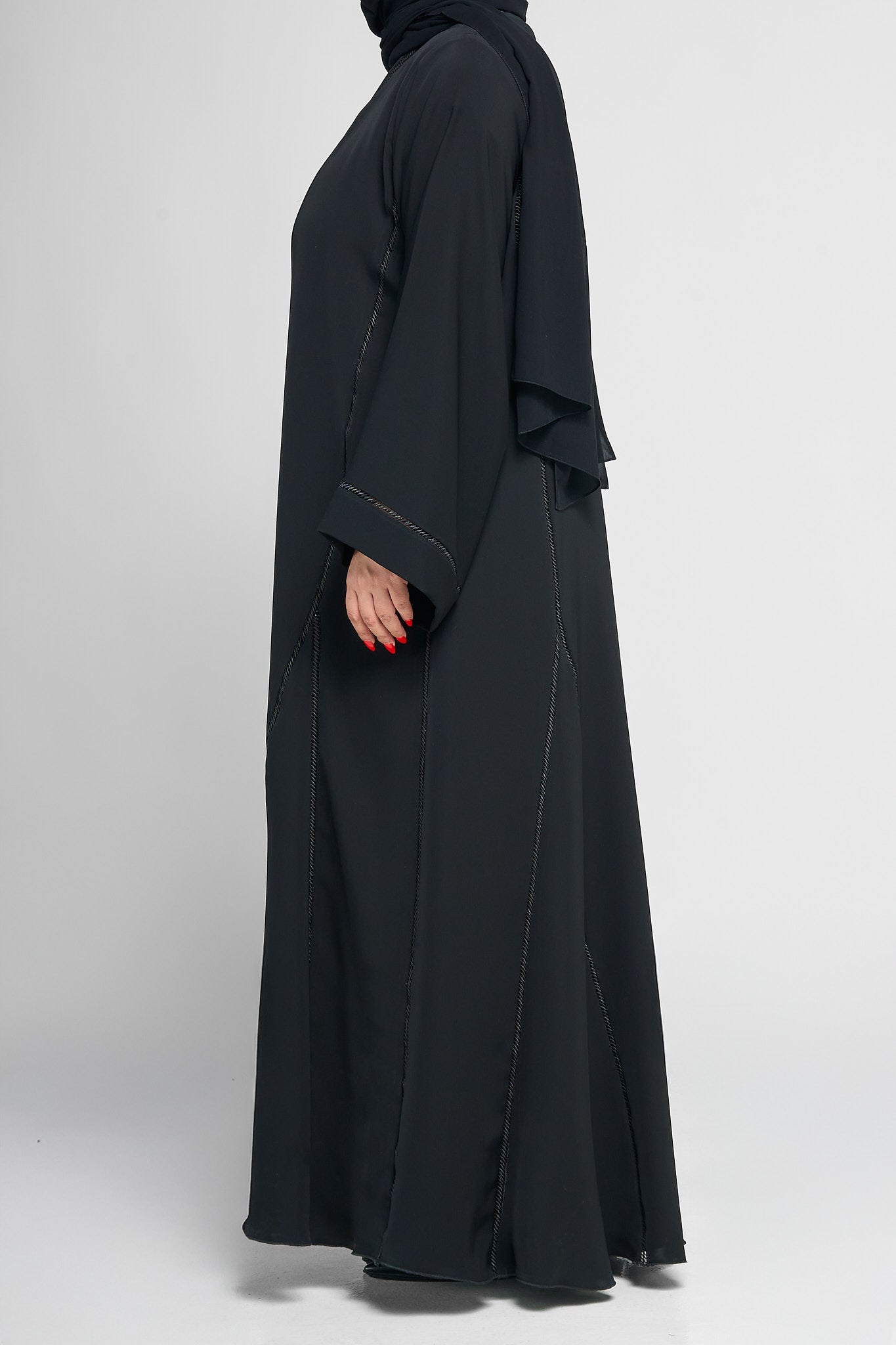 Black Panel-Detail Abaya with Subtle Linear Embellished Stitching