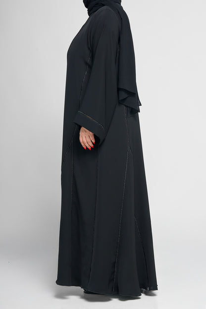 Black Panel-Detail Abaya with Subtle Linear Embellished Stitching
