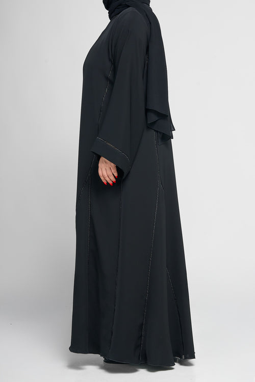 Black Panel-Detail Abaya with Subtle Linear Embellished Stitching – hover image