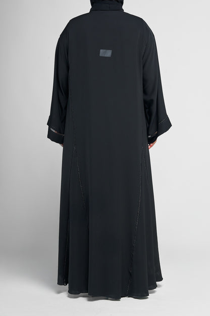 Black Panel-Detail Abaya with Subtle Linear Embellished Stitching