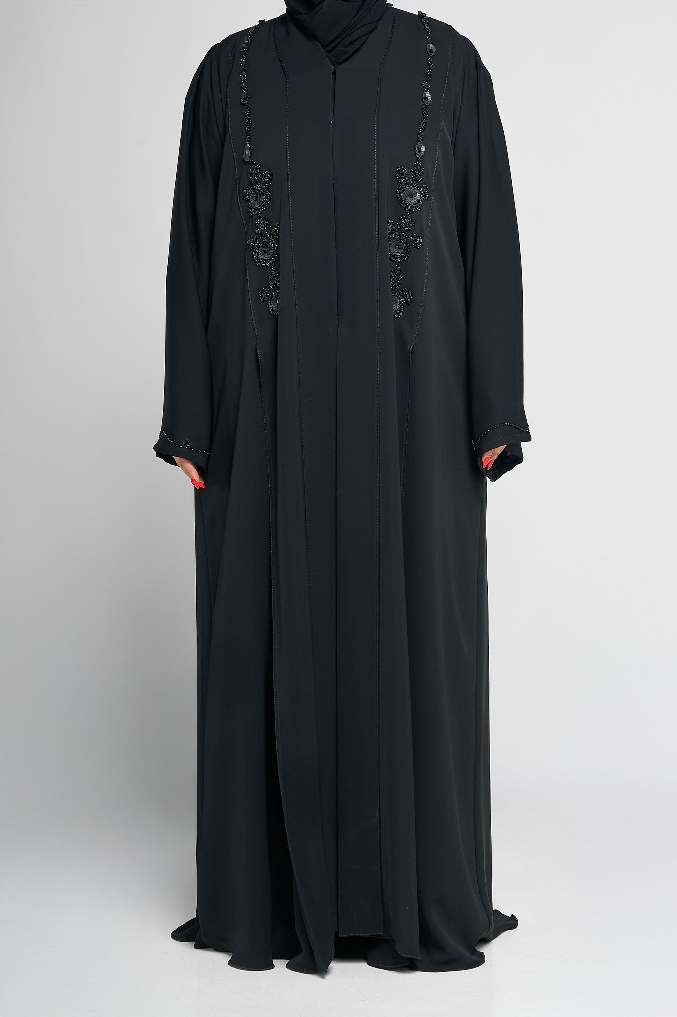 Black Beaded Floral Appliqué Abaya with Vertical Embellished Panels