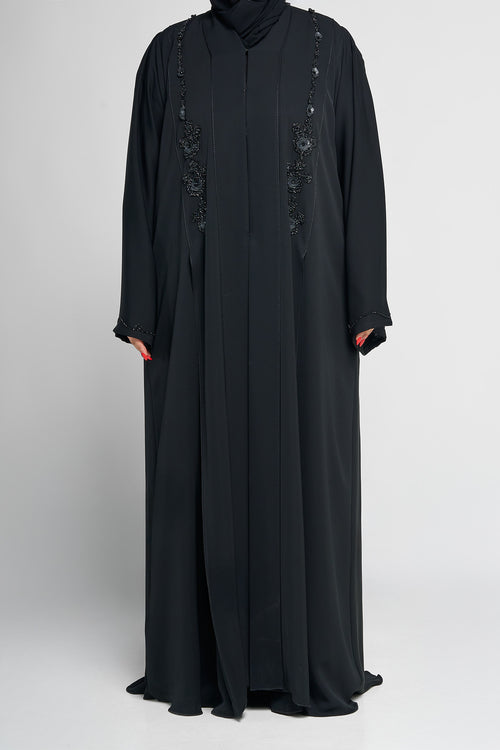 Black Beaded Floral Appliqué Abaya with Vertical Embellished Panels