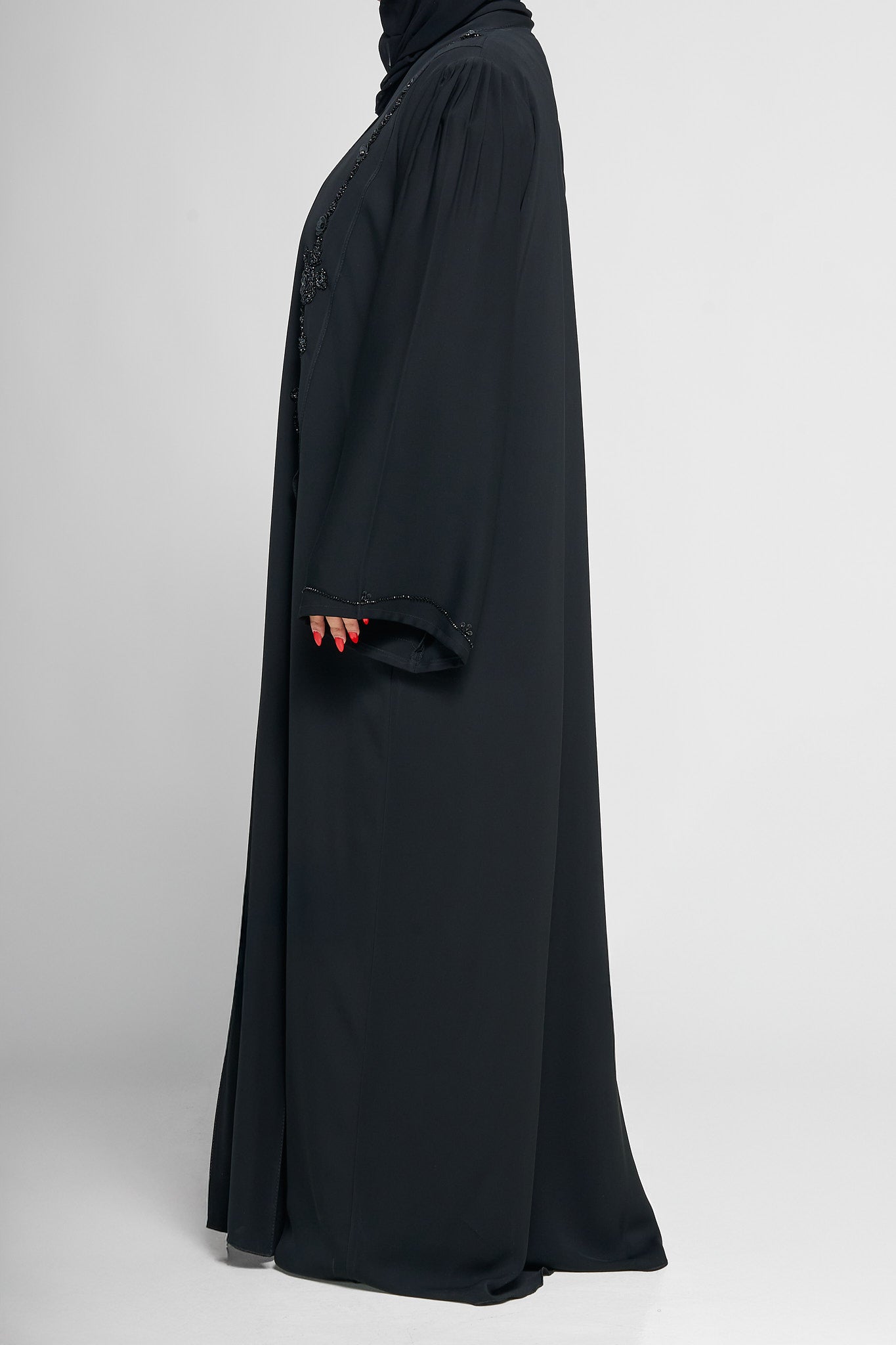Black Beaded Floral Appliqué Abaya with Vertical Embellished Panels